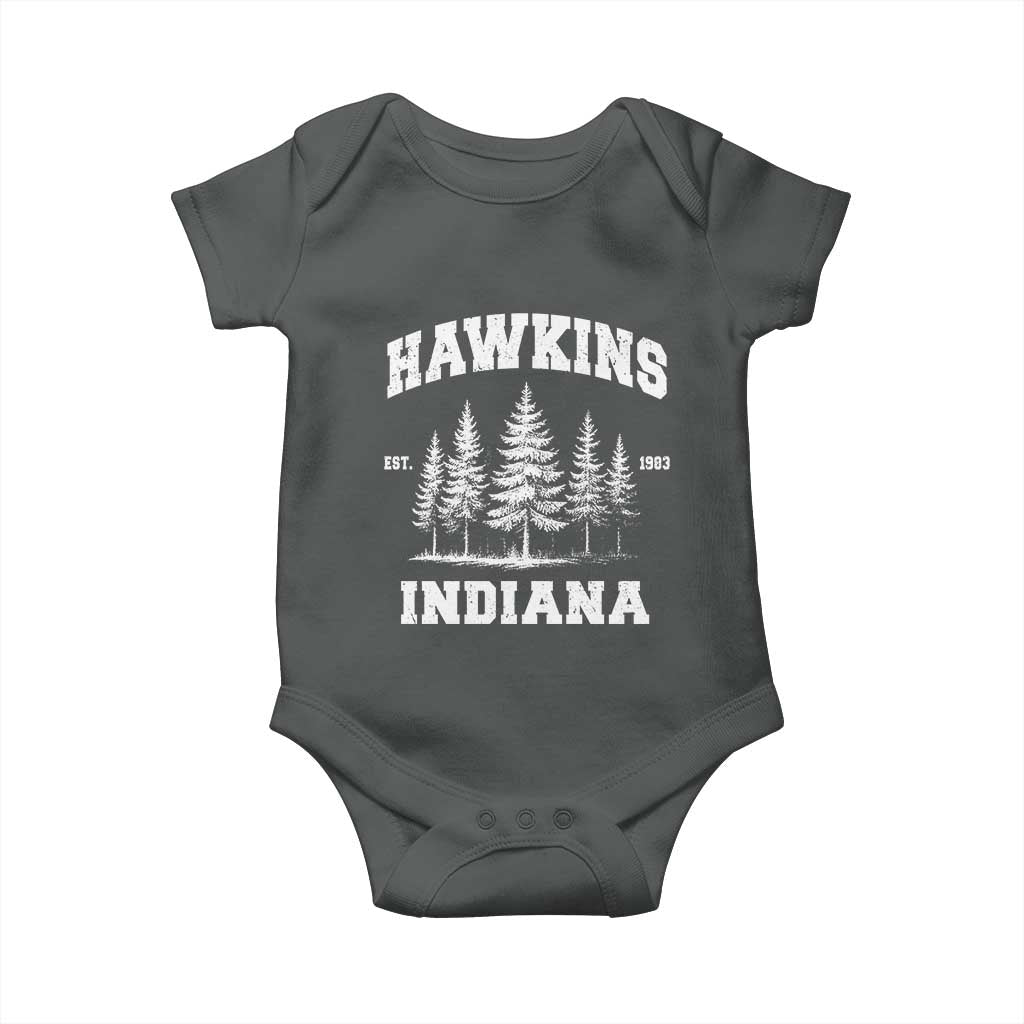 Funny Hawkins Sci Fi Lover Baby Onesie Indiana Strangers Pine Tree TS11 Dark Heather Print Your Wear