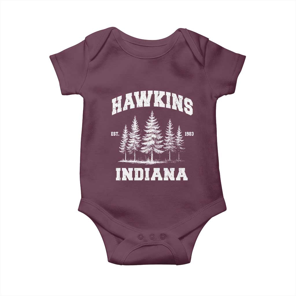 Funny Hawkins Sci Fi Lover Baby Onesie Indiana Strangers Pine Tree TS11 Maroon Print Your Wear