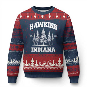 Funny Hawkins Sci Fi Lover Ugly Christmas Sweater Indiana Strangers Pine Tree TS11 Navy Red Print Your Wear