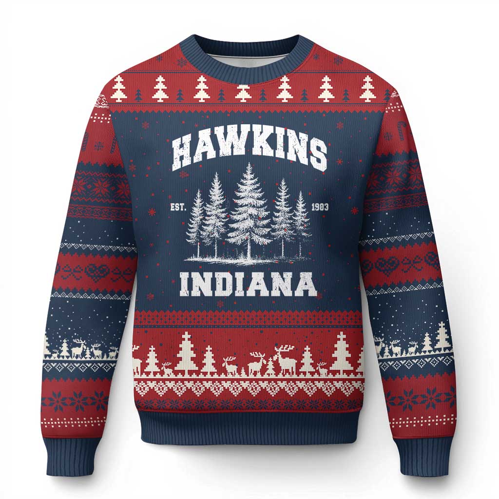 Funny Hawkins Sci Fi Lover Ugly Christmas Sweater Indiana Strangers Pine Tree TS11 Navy Red Print Your Wear