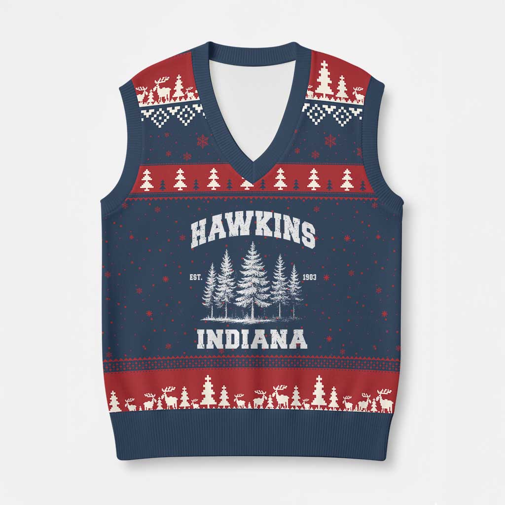 Funny Hawkins Sci Fi Lover V-Neck Knit Sweater Vest Indiana Strangers Pine Tree TS11 Navy Red Print Your Wear