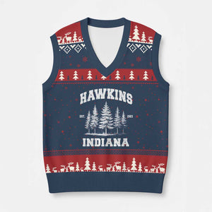 Funny Hawkins Sci Fi Lover V-Neck Knit Sweater Vest Indiana Strangers Pine Tree TS11 Navy Red Print Your Wear