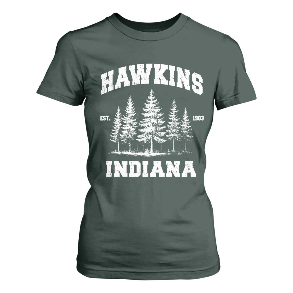 Funny Hawkins Sci Fi Lover T Shirt For Women Indiana Strangers Pine Tree TS11 Dark Forest Green Print Your Wear
