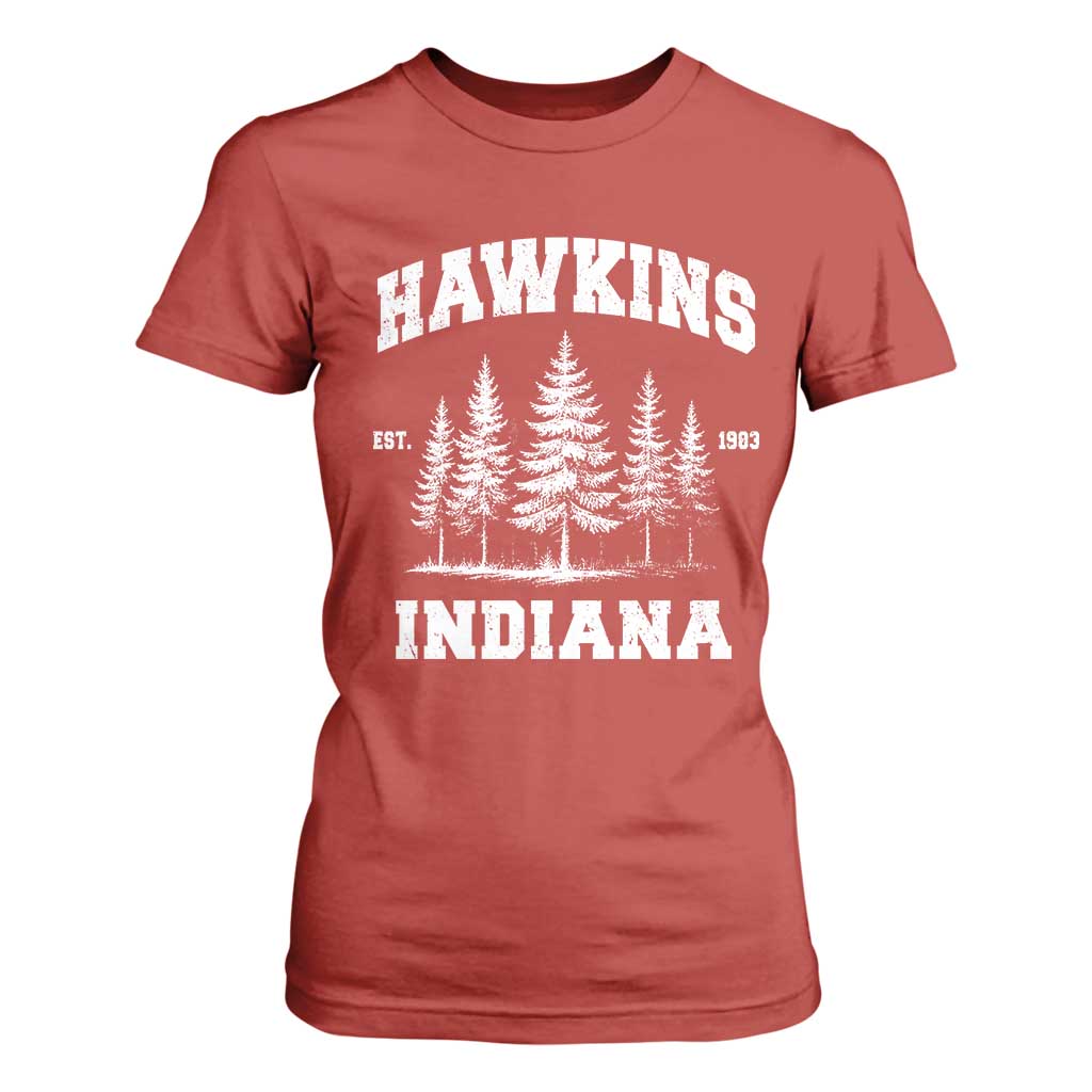 Funny Hawkins Sci Fi Lover T Shirt For Women Indiana Strangers Pine Tree TS11 Red Print Your Wear