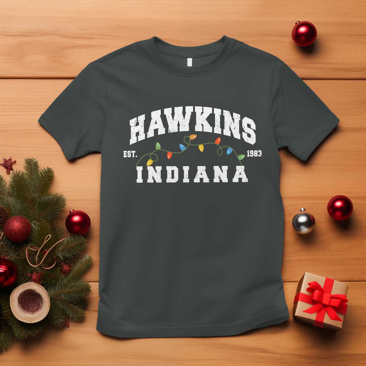 Funny Stranger Christmas T Shirt Hawkins Xmas Lights TS11 Dark Heather Print Your Wear