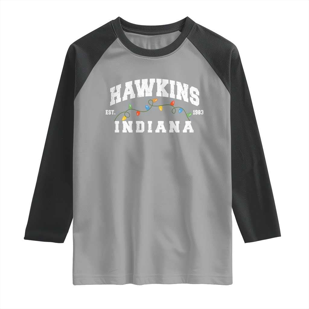 Funny Stranger Christmas Raglan Shirt Hawkins Xmas Lights TS11 Sport Gray Black Print Your Wear