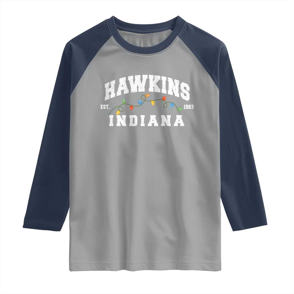 Funny Stranger Christmas Raglan Shirt Hawkins Xmas Lights TS11 Sport Gray Navy Print Your Wear
