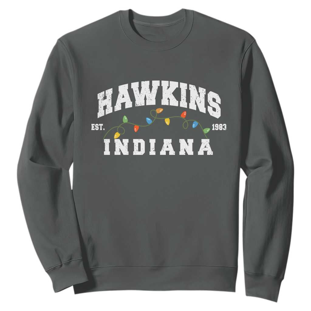 Funny Stranger Christmas Sweatshirt Hawkins Xmas Lights TS11 Dark Heather Print Your Wear