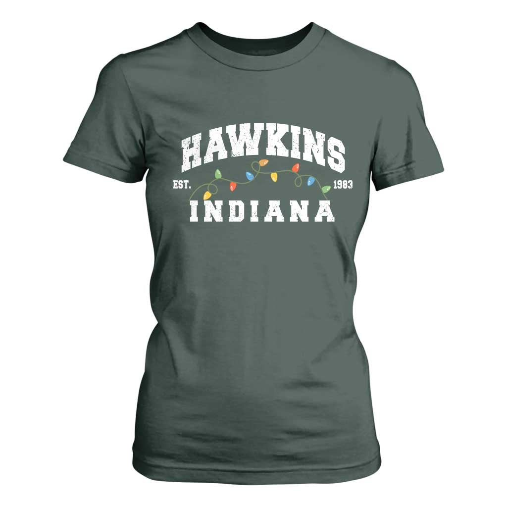 Funny Stranger Christmas T Shirt For Women Hawkins Xmas Lights TS11 Dark Forest Green Print Your Wear