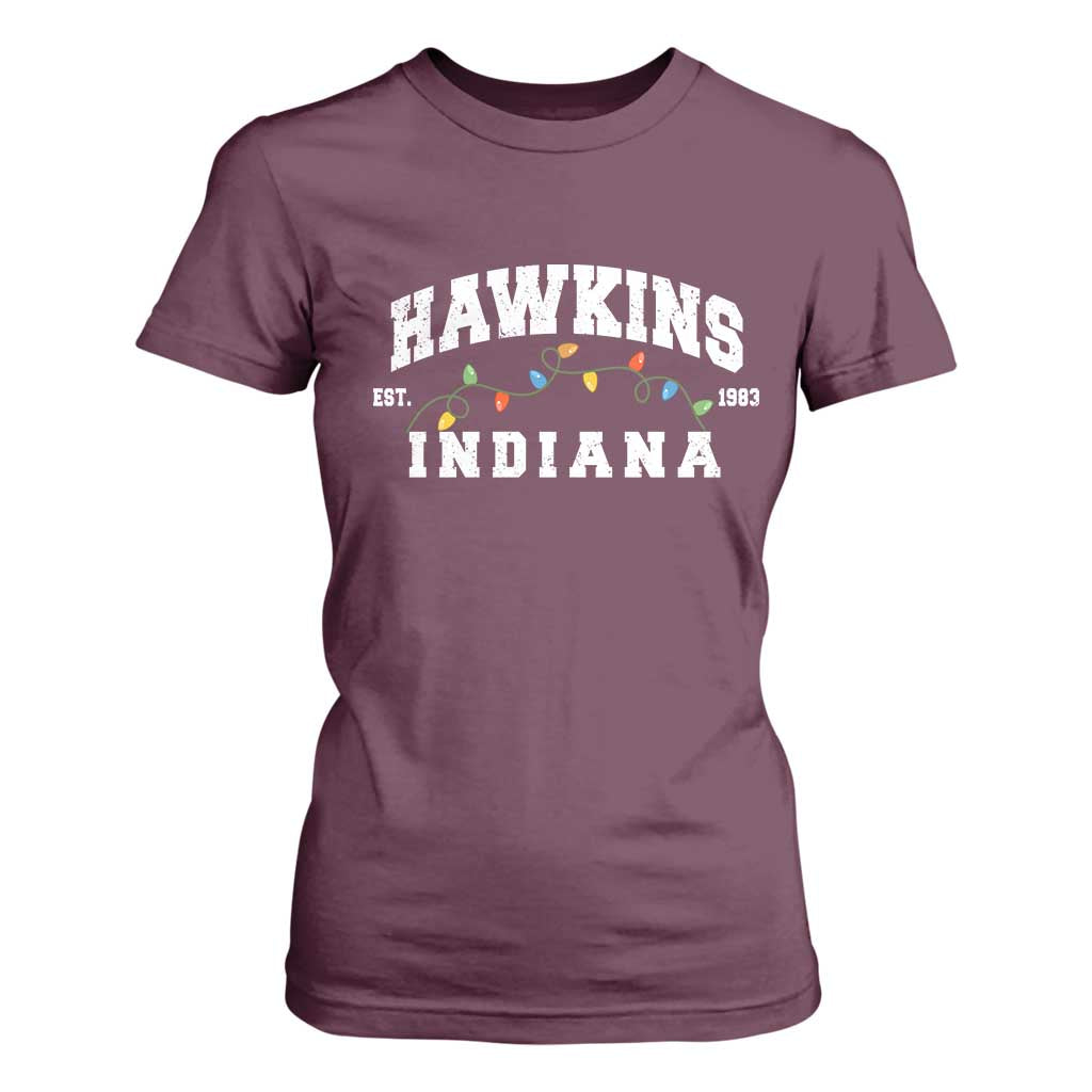 Funny Stranger Christmas T Shirt For Women Hawkins Xmas Lights TS11 Maroon Print Your Wear