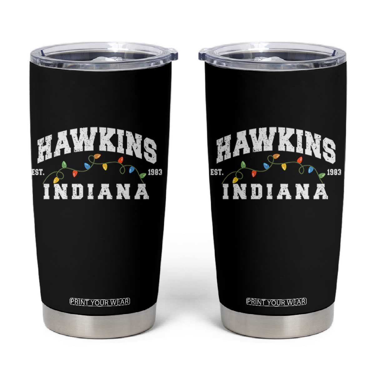 Funny Stranger Christmas Tumbler Cup Hawkins Xmas Lights TS11 Black Print Your Wear