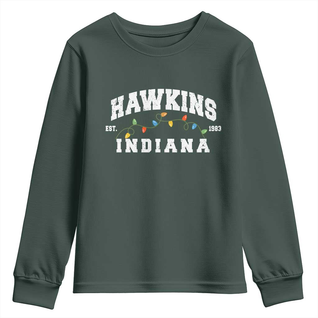 Funny Stranger Christmas Youth Sweatshirt Hawkins Xmas Lights TS11 Dark Forest Green Print Your Wear