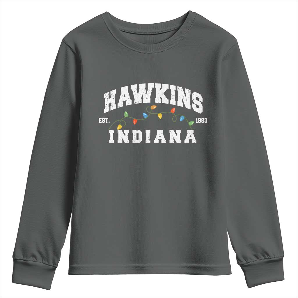 Funny Stranger Christmas Youth Sweatshirt Hawkins Xmas Lights TS11 Dark Heather Print Your Wear