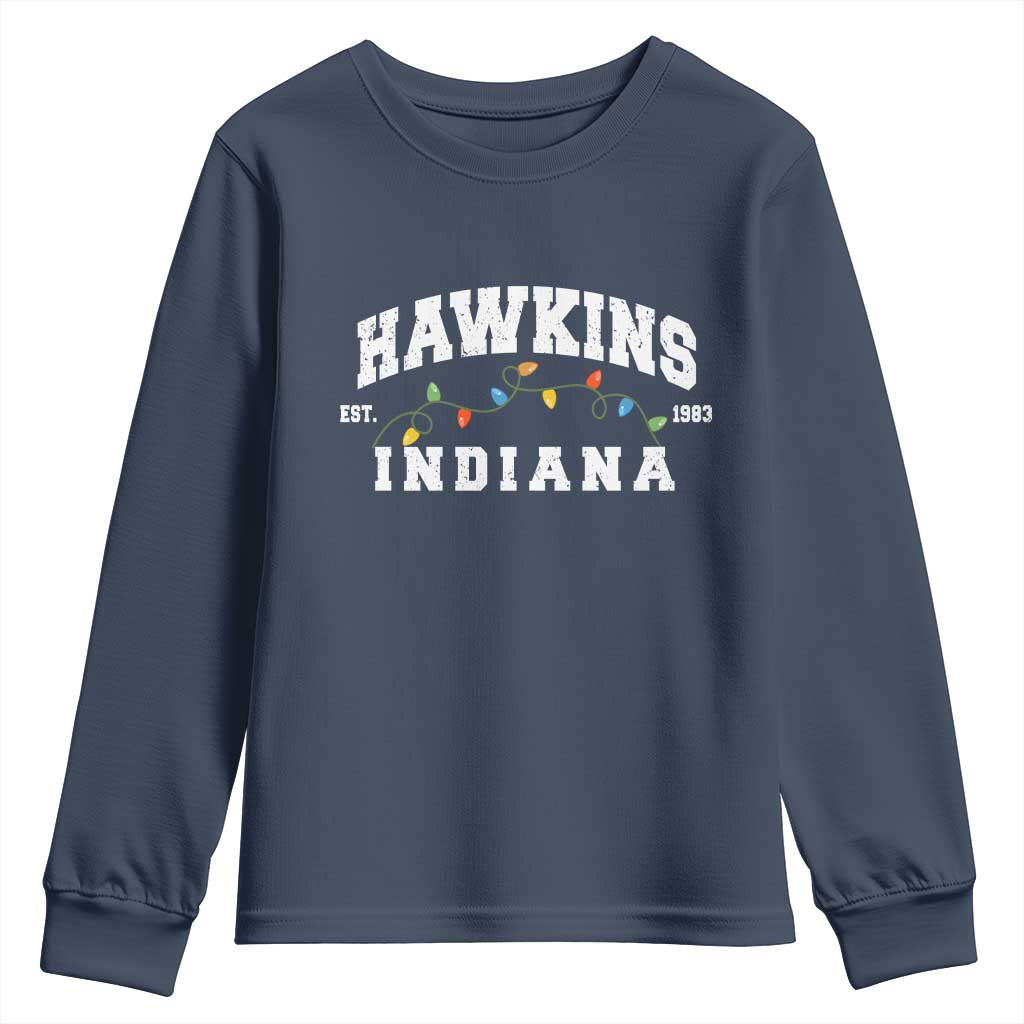 Funny Stranger Christmas Youth Sweatshirt Hawkins Xmas Lights TS11 Navy Print Your Wear