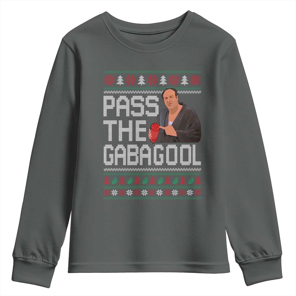Funny Pass The Gabagool Christmas Youth Sweatshirt Italian Food Xmas Mafia Movie TS11 Dark Heather Print Your Wear