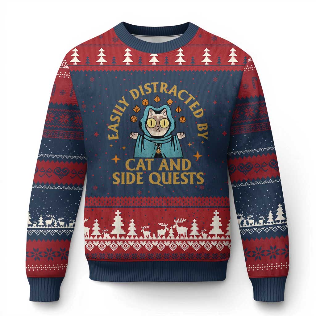 Funny Easily Distracted By Cats And Side Quests Ugly Christmas Sweater RPG Tabletop Gamer TS11 Navy Red Print Your Wear