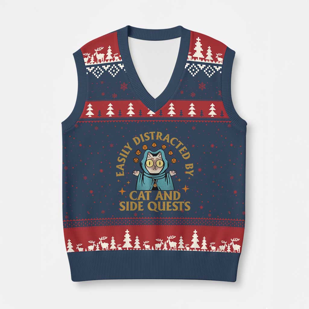 Funny Easily Distracted By Cats And Side Quests V-Neck Knit Sweater Vest RPG Tabletop Gamer TS11 Navy Red Print Your Wear