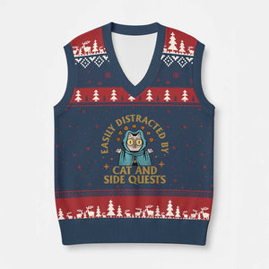 Funny Easily Distracted By Cats And Side Quests V-Neck Knit Sweater Vest RPG Tabletop Gamer TS11 Navy Red Print Your Wear