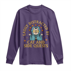 Funny Easily Distracted By Cats And Side Quests Long Sleeve Shirt RPG Tabletop Gamer TS11 Purple Print Your Wear