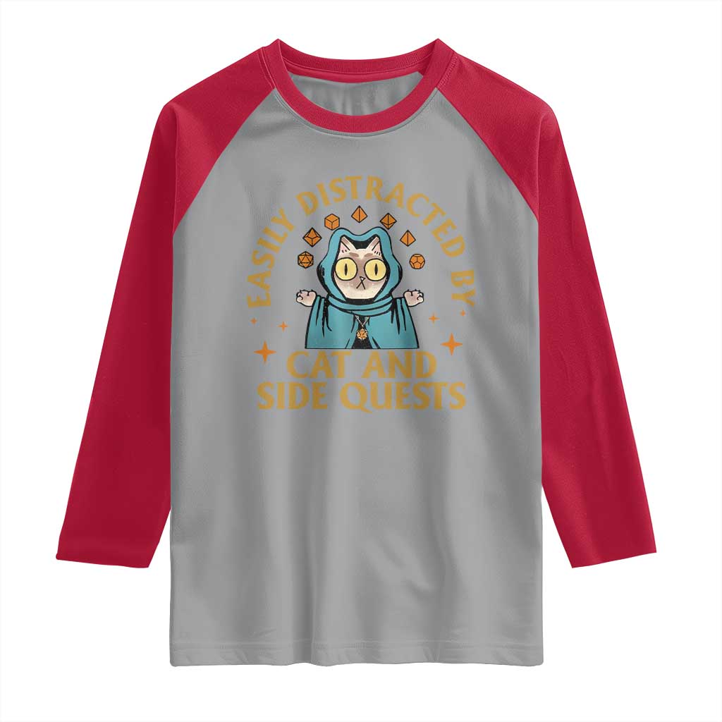 Funny Easily Distracted By Cats And Side Quests Raglan Shirt RPG Tabletop Gamer TS11 Sport Gray Red Print Your Wear