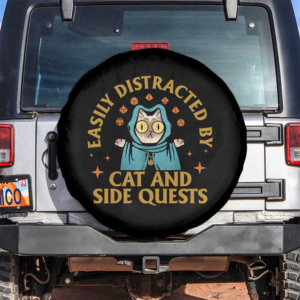 Funny Easily Distracted By Cats And Side Quests Spare Tire Cover RPG Tabletop Gamer TS11 No hole Black Print Your Wear