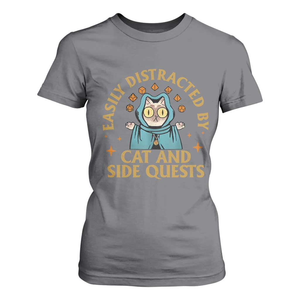 Funny Easily Distracted By Cats And Side Quests T Shirt For Women RPG Tabletop Gamer TS11 Charcoal Print Your Wear