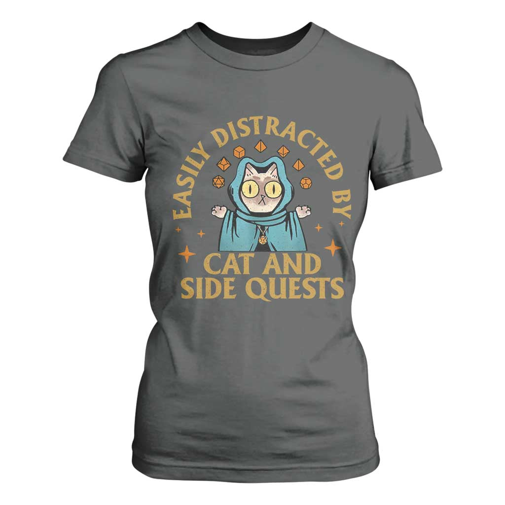 Funny Easily Distracted By Cats And Side Quests T Shirt For Women RPG Tabletop Gamer TS11 Dark Heather Print Your Wear
