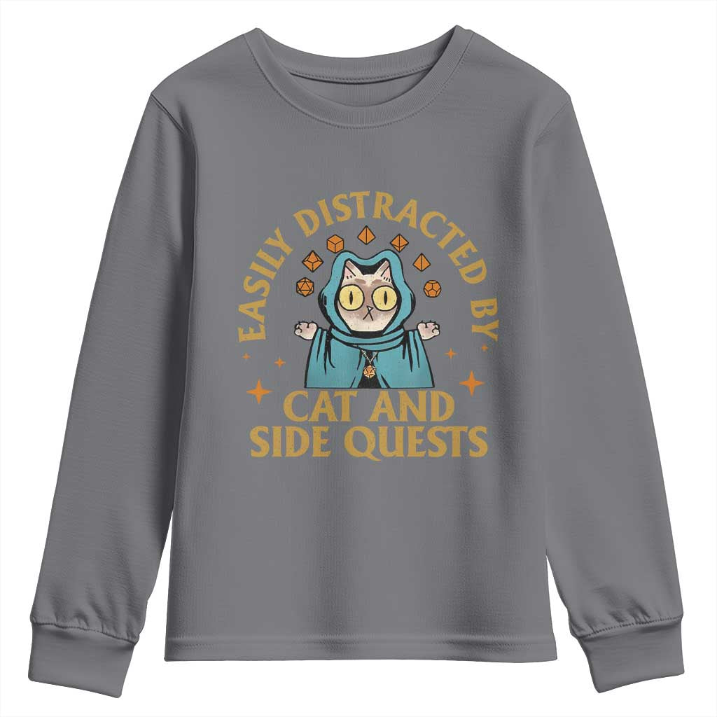 Funny Easily Distracted By Cats And Side Quests Youth Sweatshirt RPG Tabletop Gamer TS11 Charcoal Print Your Wear