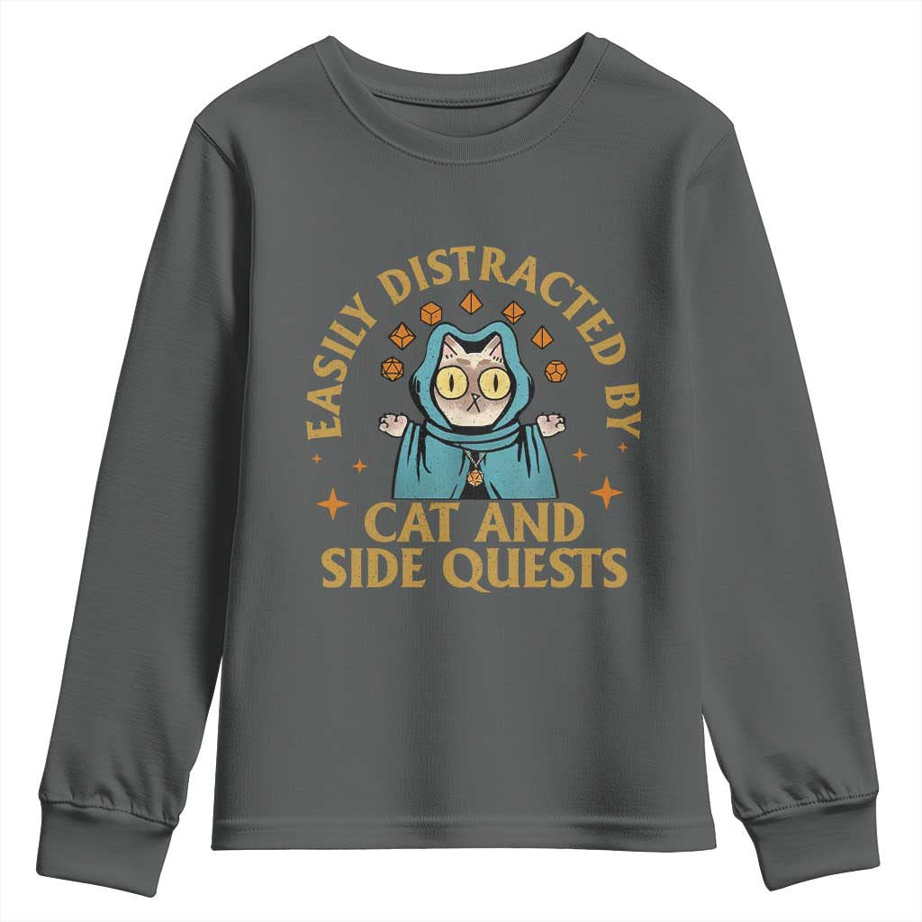 Funny Easily Distracted By Cats And Side Quests Youth Sweatshirt RPG Tabletop Gamer TS11 Dark Heather Print Your Wear