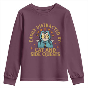 Funny Easily Distracted By Cats And Side Quests Youth Sweatshirt RPG Tabletop Gamer TS11 Maroon Print Your Wear