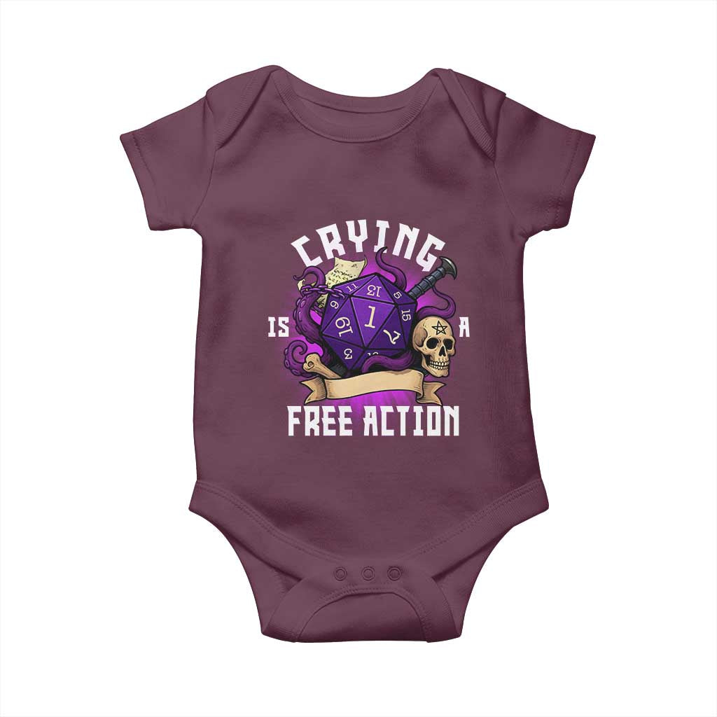 Funny RPG Gamer Crying Is A Free Action Baby Onesie Vintage D20 Side Quests Tabletop TS11 Maroon Print Your Wear