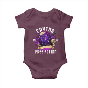 Funny RPG Gamer Crying Is A Free Action Baby Onesie Vintage D20 Side Quests Tabletop TS11 Maroon Print Your Wear