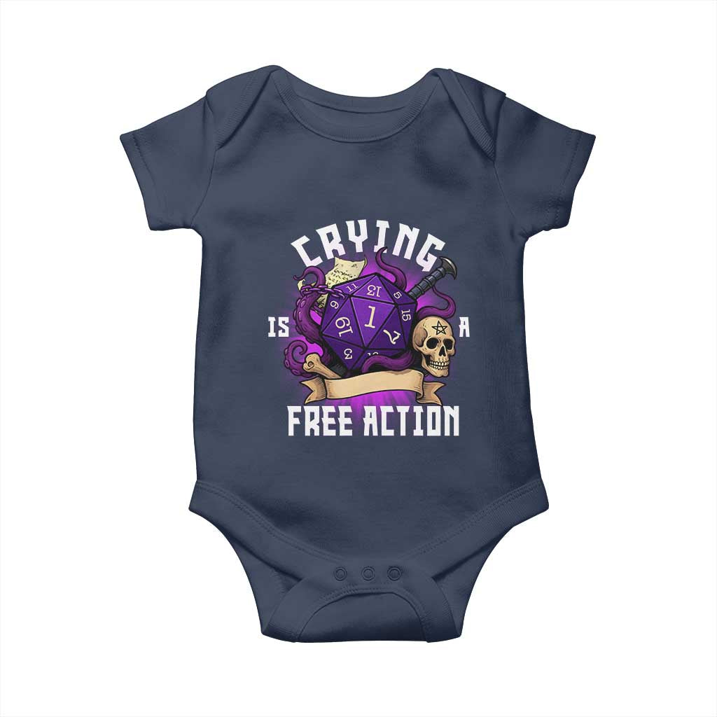 Funny RPG Gamer Crying Is A Free Action Baby Onesie Vintage D20 Side Quests Tabletop TS11 Navy Print Your Wear