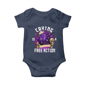 Funny RPG Gamer Crying Is A Free Action Baby Onesie Vintage D20 Side Quests Tabletop TS11 Navy Print Your Wear