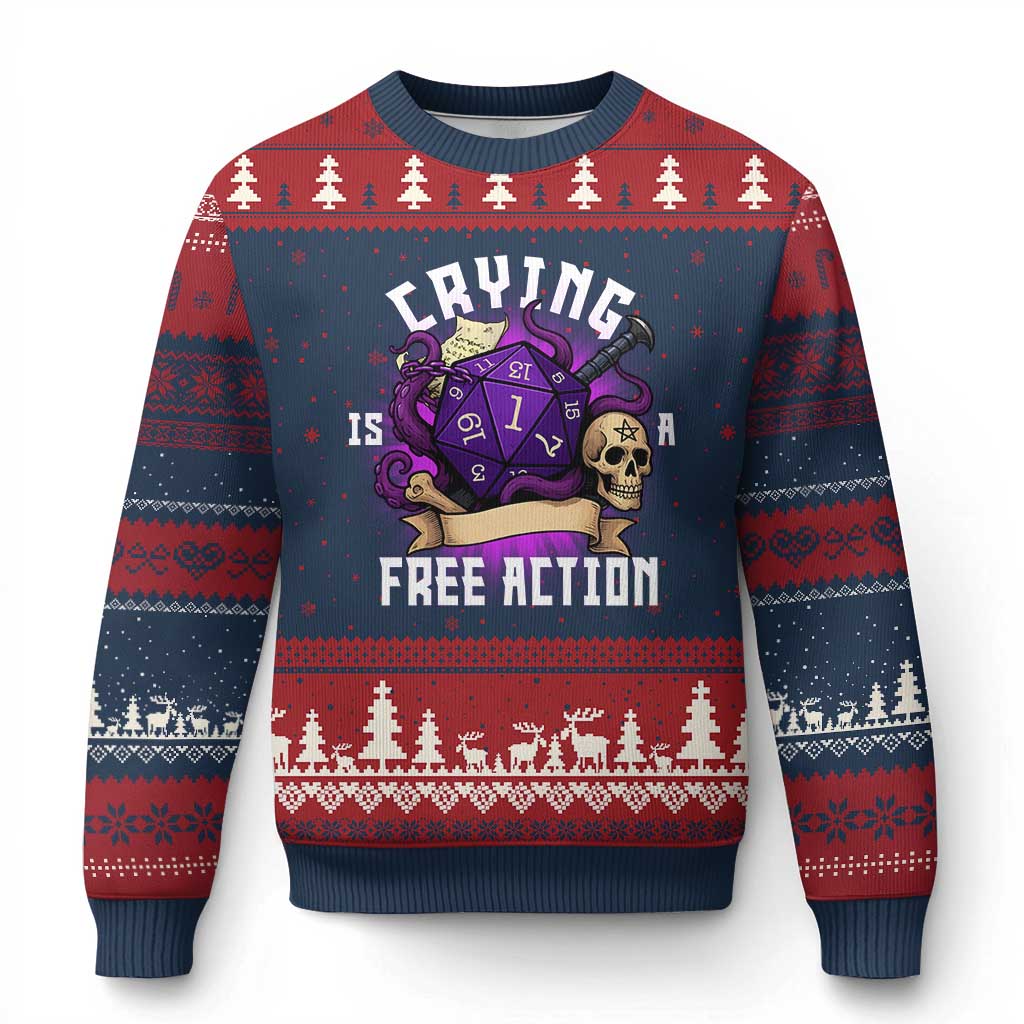 Funny RPG Gamer Crying Is A Free Action Ugly Christmas Sweater Vintage D20 Side Quests Tabletop TS11 Navy Red Print Your Wear