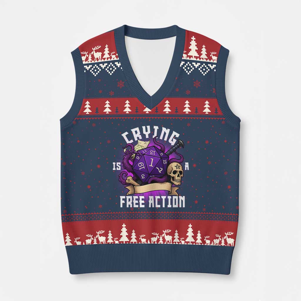 Funny RPG Gamer Crying Is A Free Action V-Neck Knit Sweater Vest Vintage D20 Side Quests Tabletop TS11 Navy Red Print Your Wear
