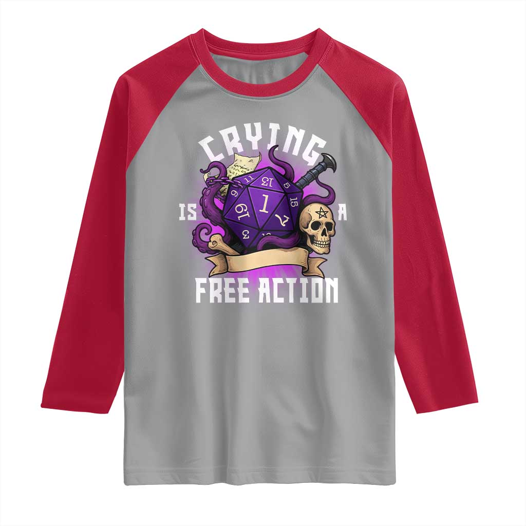 Funny RPG Gamer Crying Is A Free Action Raglan Shirt Vintage D20 Side Quests Tabletop TS11 Sport Gray Red Print Your Wear