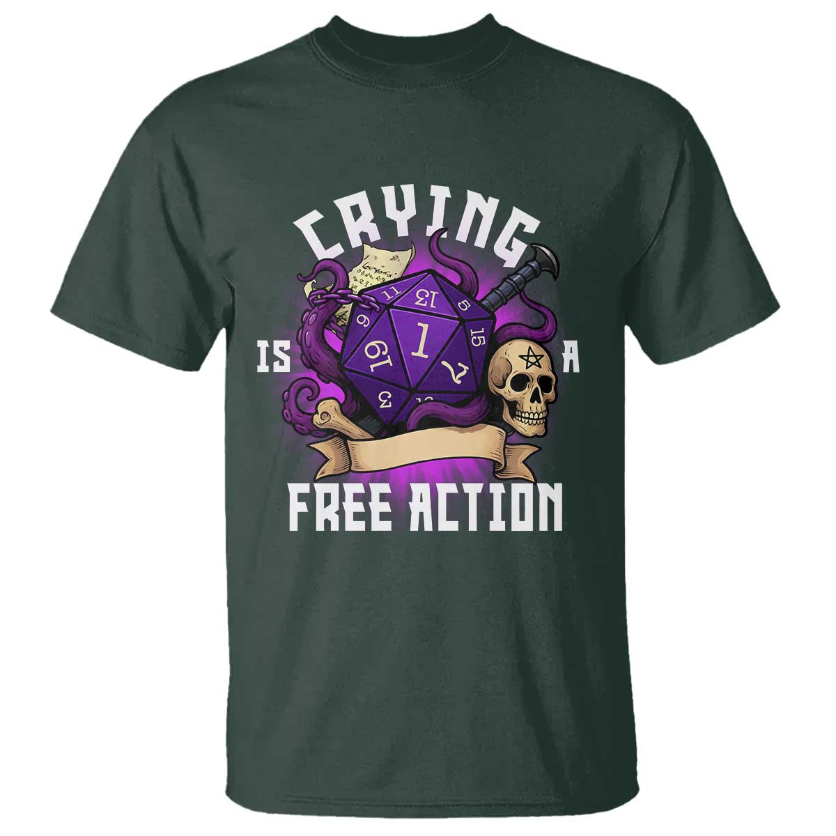 Funny RPG Gamer Crying Is A Free Action T Shirt Vintage D20 Side Quests Tabletop TS11 Dark Forest Green Print Your Wear