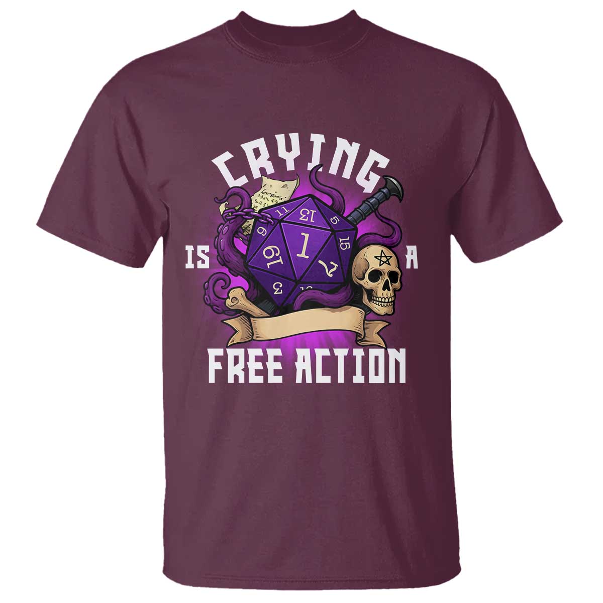 Funny RPG Gamer Crying Is A Free Action T Shirt Vintage D20 Side Quests Tabletop TS11 Maroon Print Your Wear