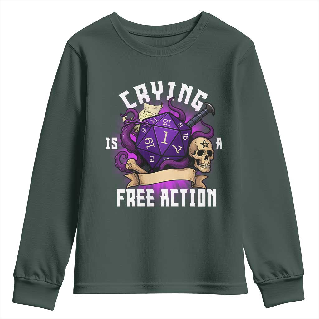 Funny RPG Gamer Crying Is A Free Action Youth Sweatshirt Vintage D20 Side Quests Tabletop TS11 Dark Forest Green Print Your Wear