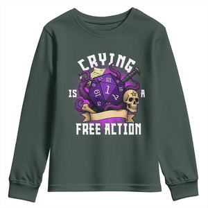 Funny RPG Gamer Crying Is A Free Action Youth Sweatshirt Vintage D20 Side Quests Tabletop TS11 Dark Forest Green Print Your Wear