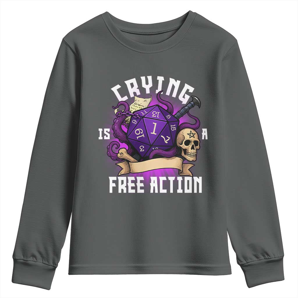 Funny RPG Gamer Crying Is A Free Action Youth Sweatshirt Vintage D20 Side Quests Tabletop TS11 Dark Heather Print Your Wear