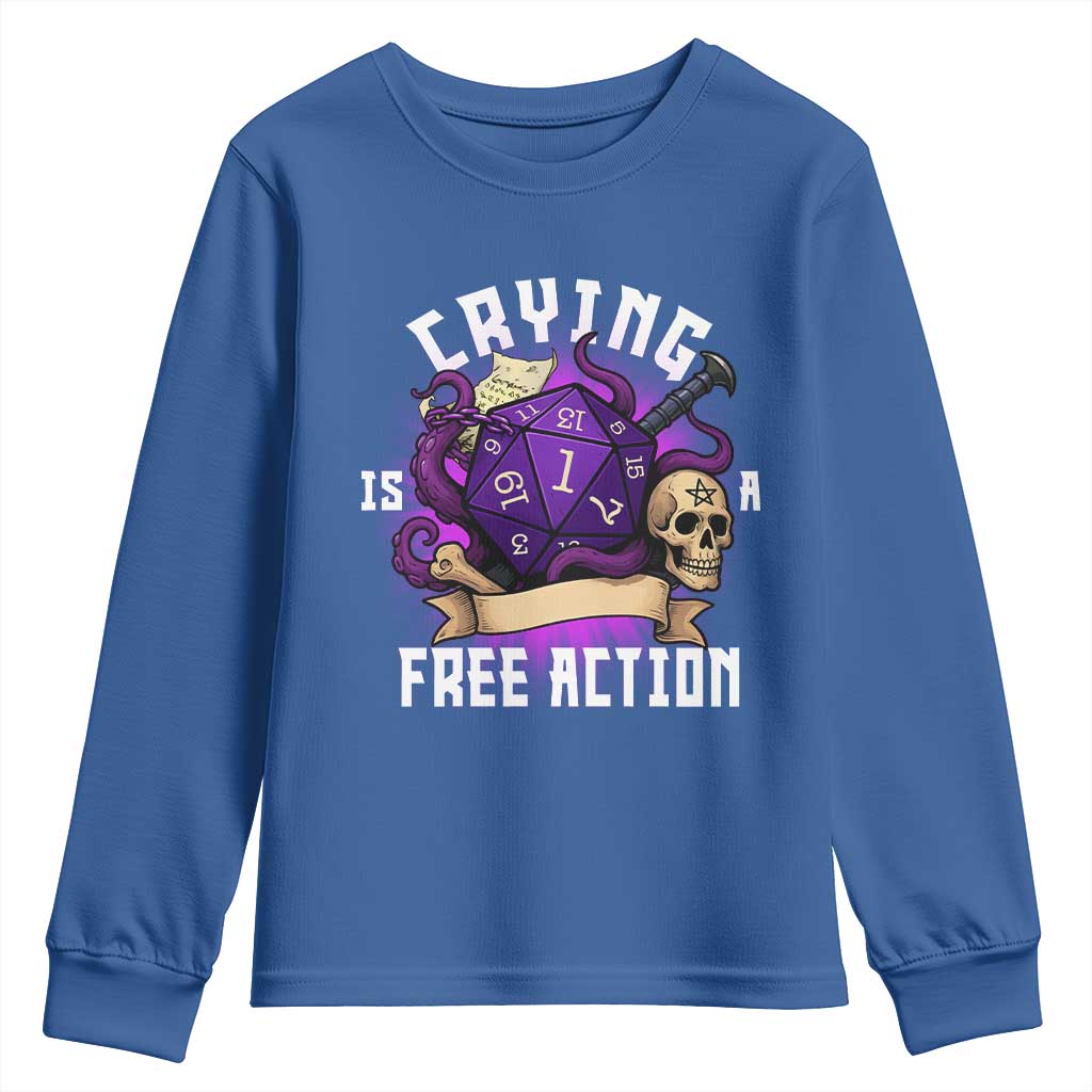 Funny RPG Gamer Crying Is A Free Action Youth Sweatshirt Vintage D20 Side Quests Tabletop TS11 Royal Blue Print Your Wear