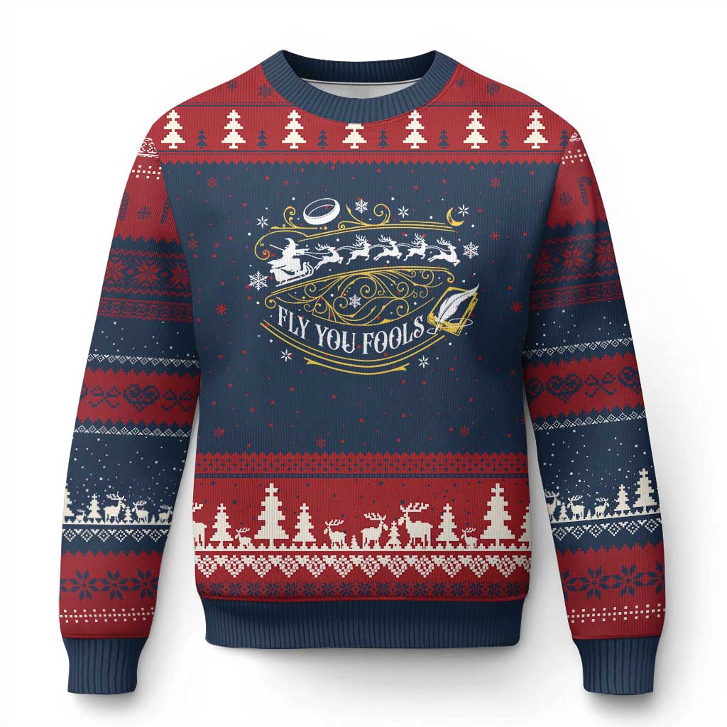 Funny Fly You Fools Xmas Ugly Christmas Sweater Fantasy Movie Wizard Santa Sleigh TS11 Navy Red Print Your Wear