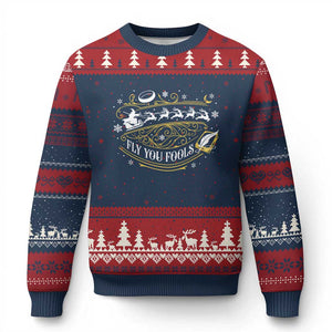 Funny Fly You Fools Xmas Ugly Christmas Sweater Fantasy Movie Wizard Santa Sleigh TS11 Navy Red Print Your Wear