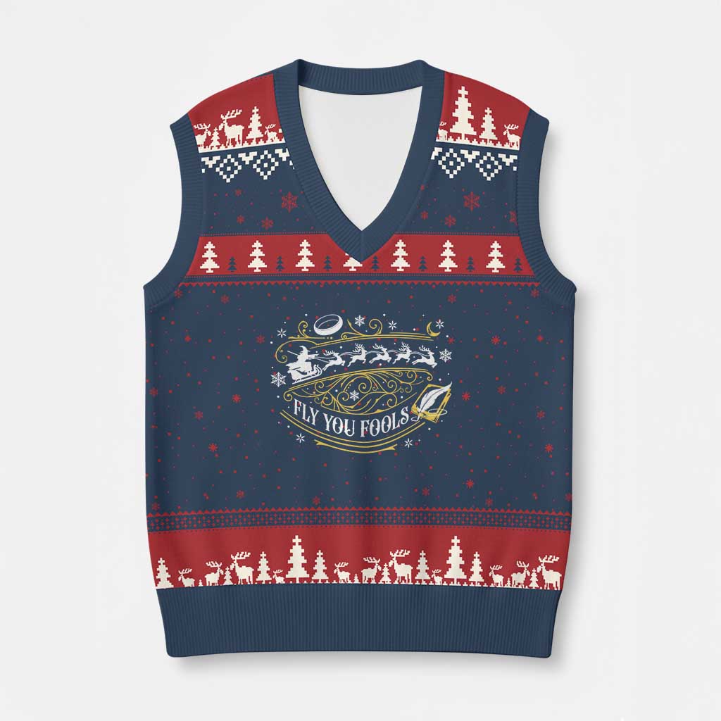 Funny Fly You Fools Xmas V-Neck Knit Sweater Vest Fantasy Movie Wizard Santa Sleigh TS11 Navy Red Print Your Wear
