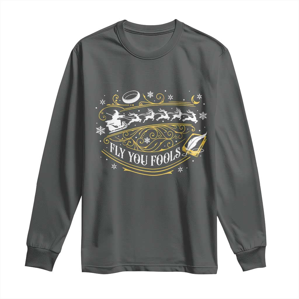Funny Fly You Fools Christmas Long Sleeve Shirt Fantasy Movie Wizard Santa Sleigh TS11 Dark Heather Print Your Wear