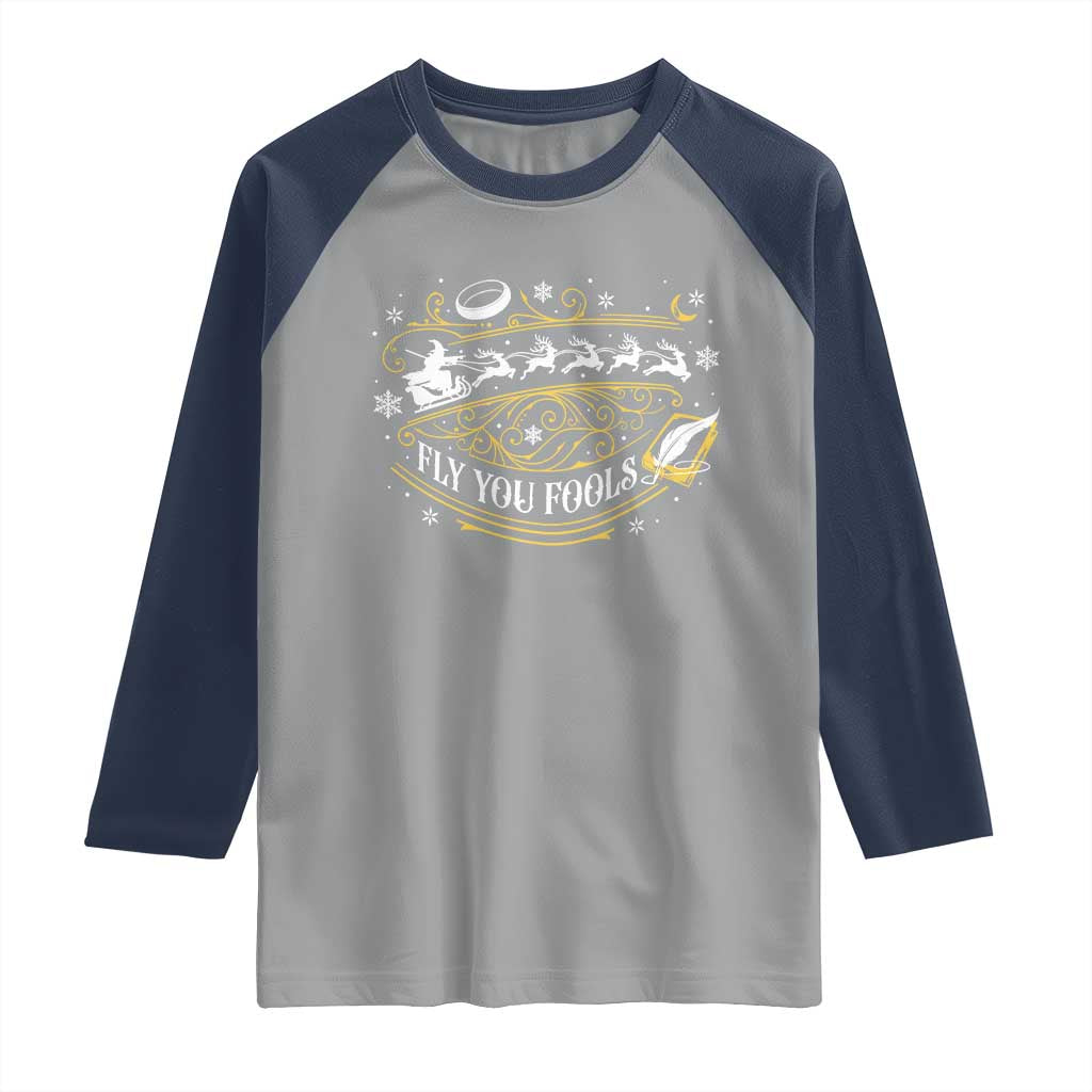 Funny Fly You Fools Christmas Raglan Shirt Fantasy Movie Wizard Santa Sleigh TS11 Sport Gray Navy Print Your Wear