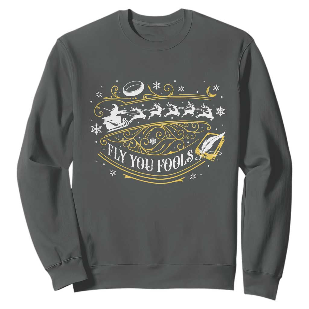 Funny Fly You Fools Christmas Sweatshirt Fantasy Movie Wizard Santa Sleigh TS11 Dark Heather Print Your Wear