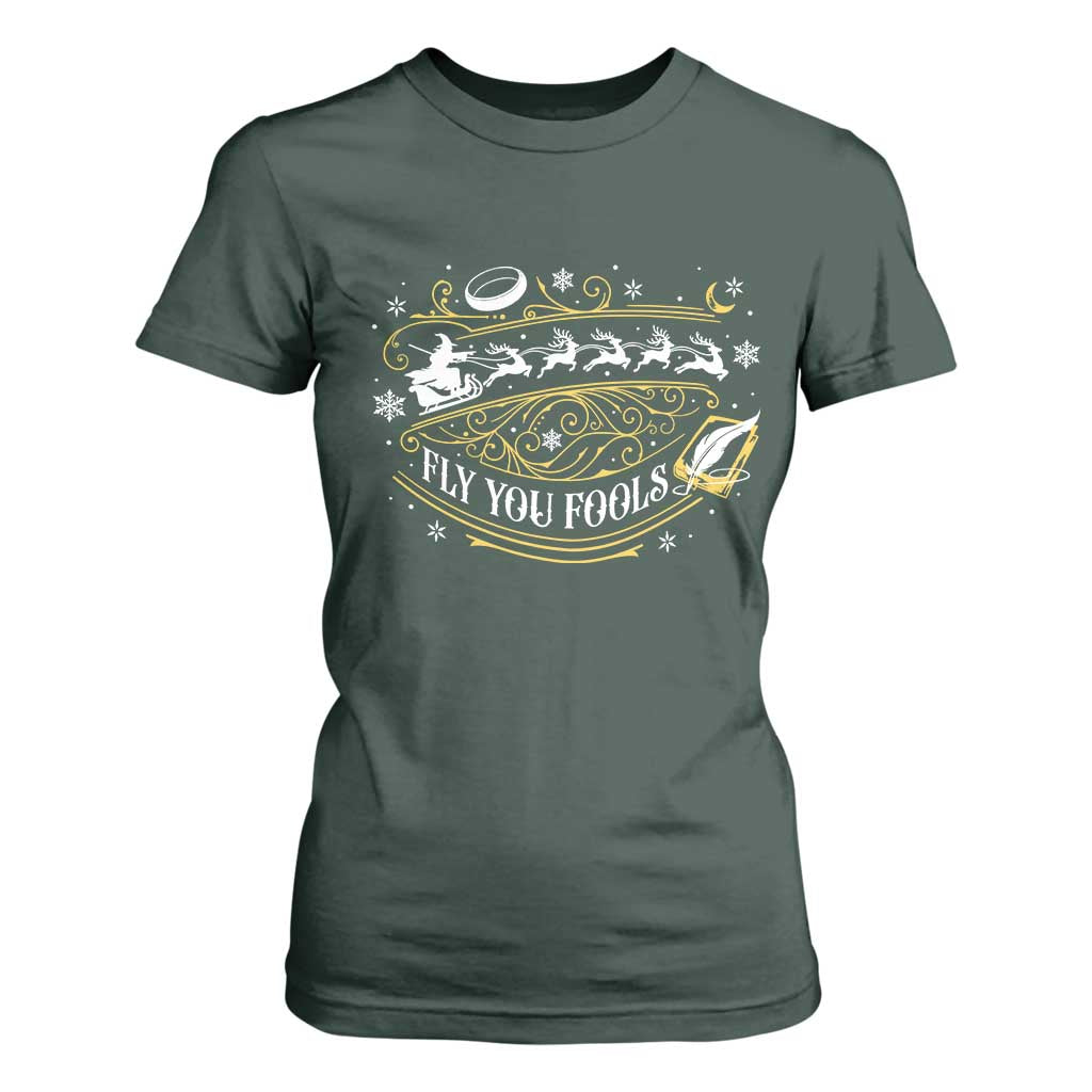 Funny Fly You Fools Christmas T Shirt For Women Fantasy Movie Wizard Santa Sleigh TS11 Dark Forest Green Print Your Wear